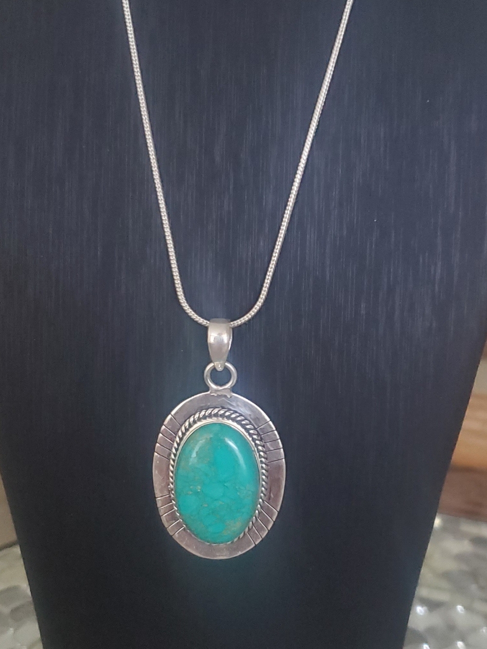 Turquoise Oval Pendant Necklace - 24" Stamped 925